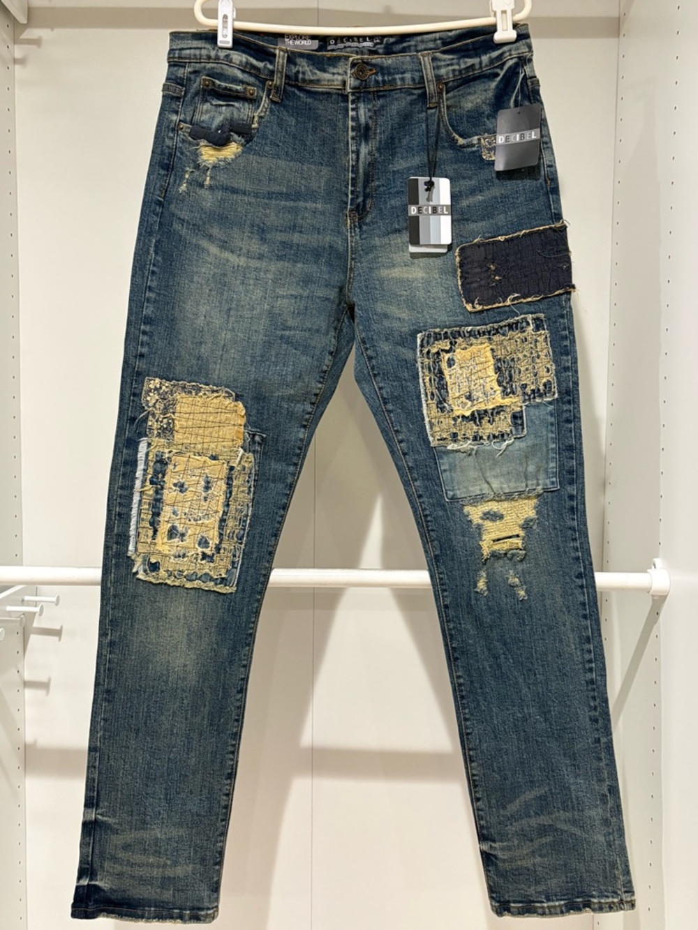 Decibel Men's Slim Straight Jeans - Faded Blue with Patchwork